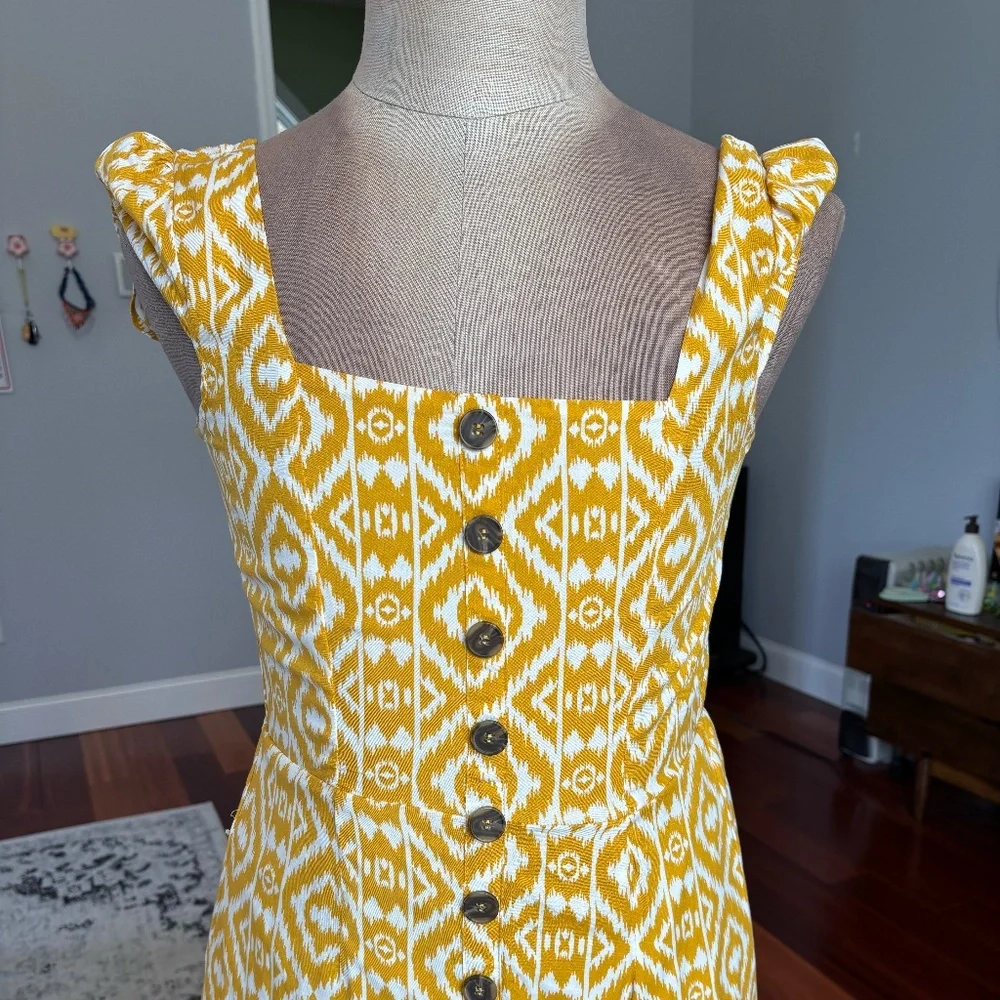 Retro-Bohemian Yellow Ikat Midi Dress - Picture 2 of 7